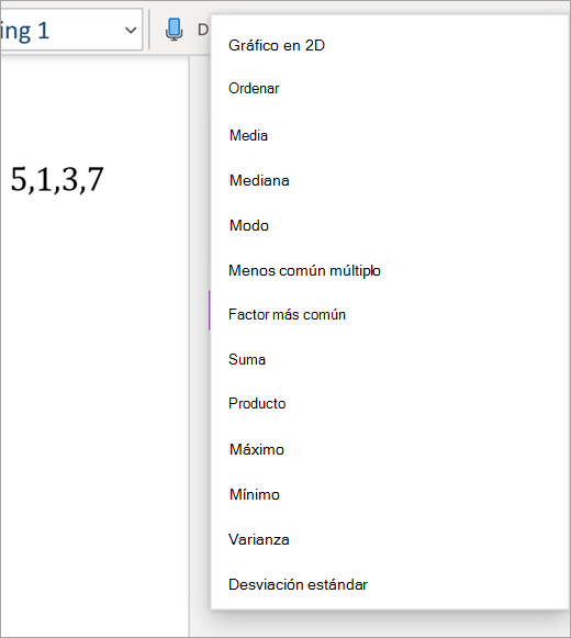 Lista de matrices en el Asistente para matemáticas.