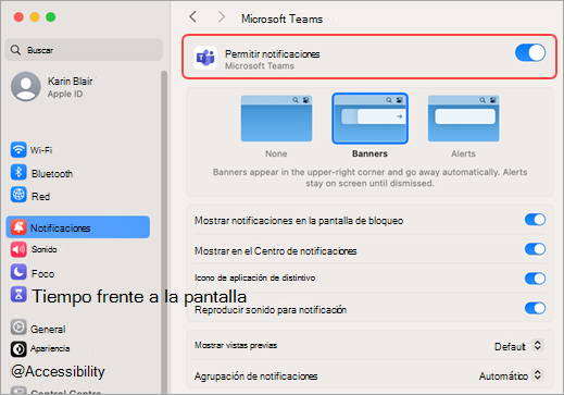La configuración del sistema de Mac permite las notificaciones de Microsoft Teams
