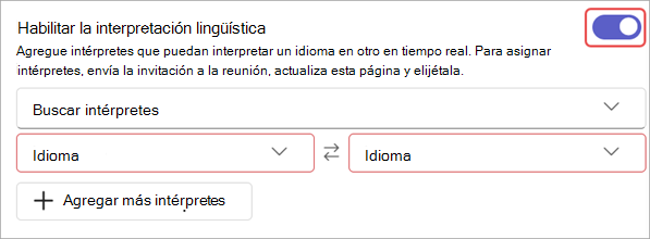 Captura de pantalla que muestra la configuración de interpretación del idioma en las opciones de reunión.