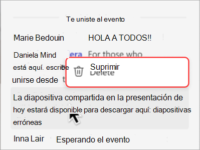 Captura de pantalla que muestra cómo eliminar un mensaje de un chat de un ayuntamiento.