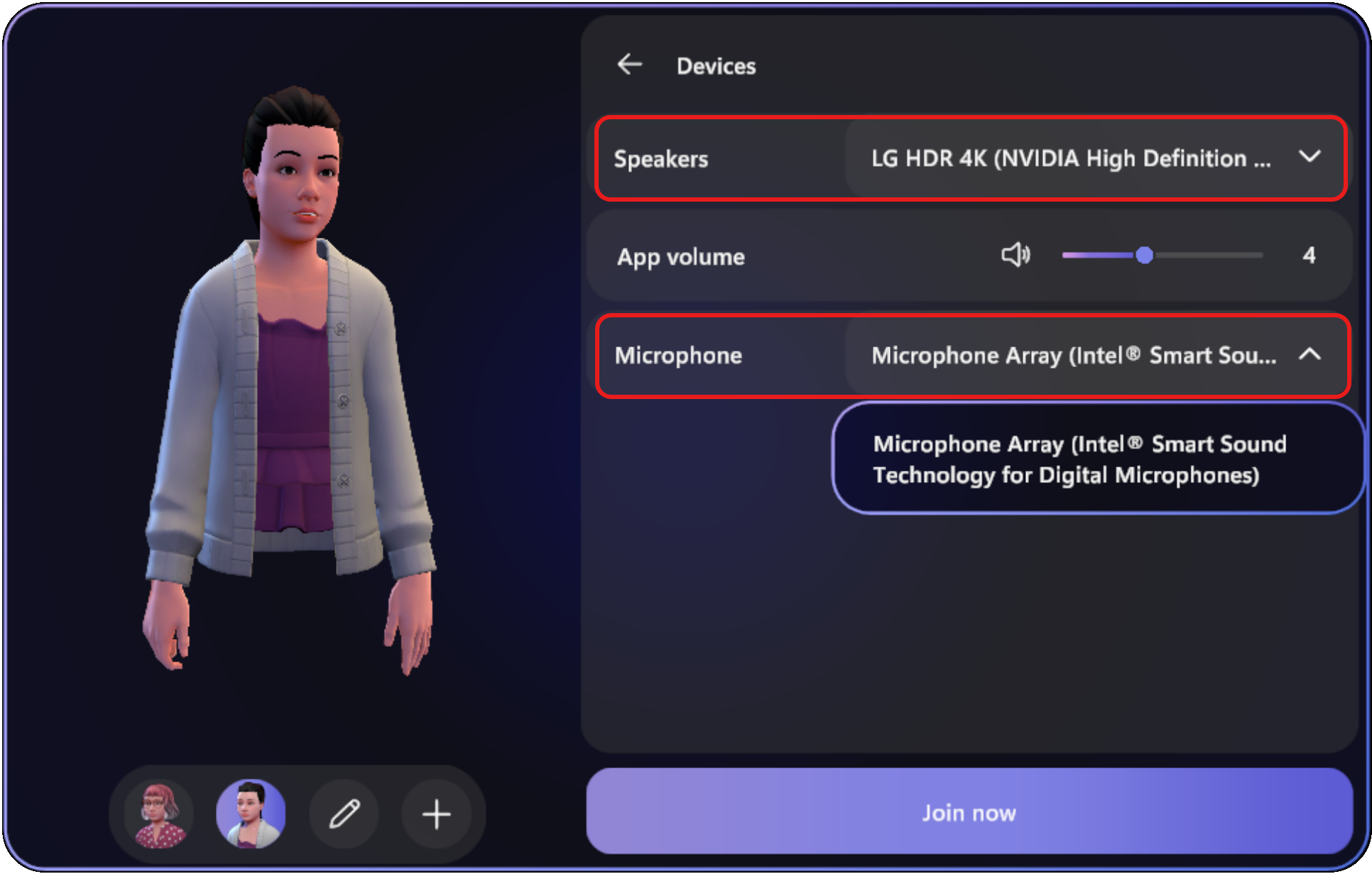 El cuadro de diálogo ajustar dispositivo de audio desde la pantalla de combinación previa para los espacios envolventes.