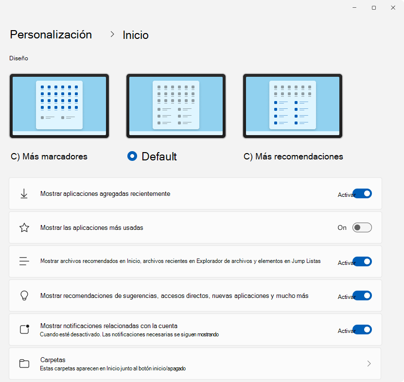 Captura de pantalla de la aplicación Configuración que muestra las opciones para cambiar el diseño de Inicio.