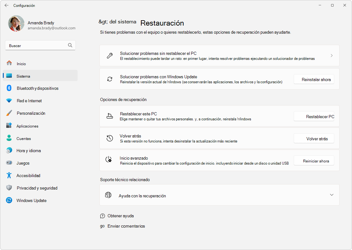 Captura de pantalla de Configuración- Sistema - Recuperación.