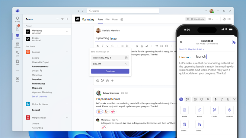 Captura de pantalla que muestra la publicación del canal y la programación de mensajes en Teams.