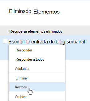 Captura de pantalla que muestra el menú Recuperar elementos eliminados.