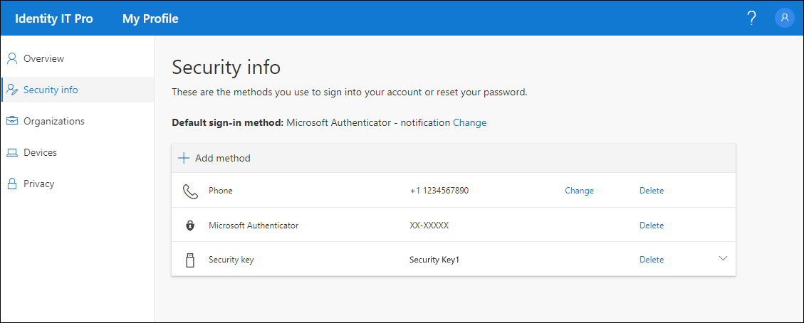 Página Información de seguridad, con todos los métodos registrados mostrados