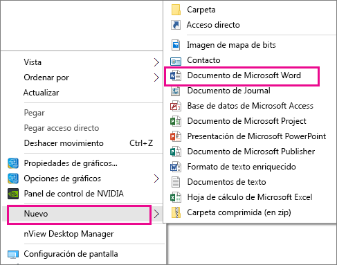 En el escritorio, seleccione Nuevo y, a continuación, seleccione la aplicación para el documento que quiere crear.