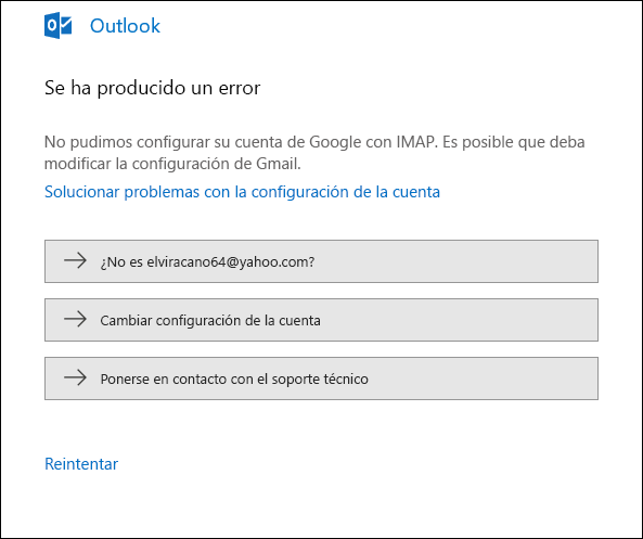 Se ha producido un error al agregar una cuenta de correo electrónico en Outlook.