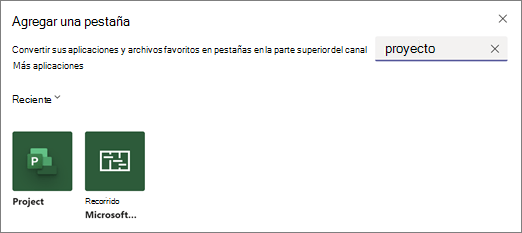 Captura de pantalla que muestra el cuadro de diálogo Agregar una pestaña y los resultados de búsqueda del término proyecto