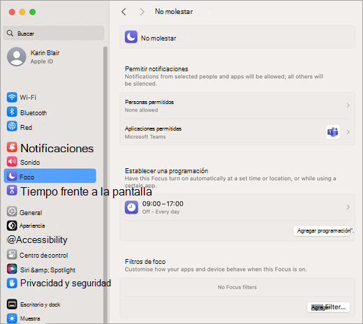 Configuración del sistema de Mac para las notificaciones de Tiempo de productividad y No molestar
