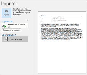Imprimir vista previa del mensaje de correo electrónico de Outlook