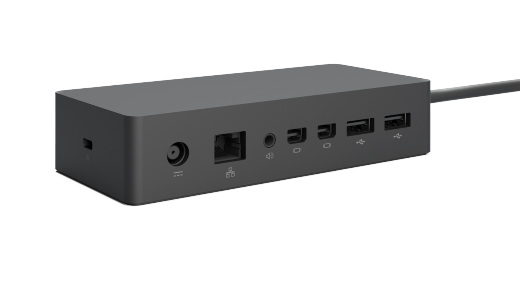 Muestra el lado y la parte posterior de Surface Dock con puerto de seguridad, alimentación, Ethernet, audio, mini DisplayPorts y USB