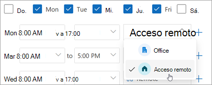 Captura de pantalla que muestra remote selected in the work location dropdown