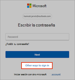 Captura de pantalla del cuadro de diálogo de inicio de sesión de la cuenta de Microsoft con el vínculo "Otras formas de iniciar sesión" resaltado.