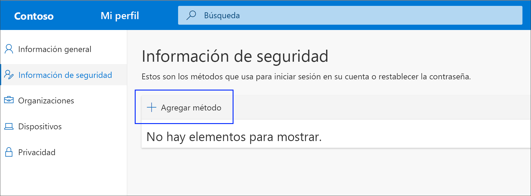 Página Información de seguridad con la opción Agregar método resaltada