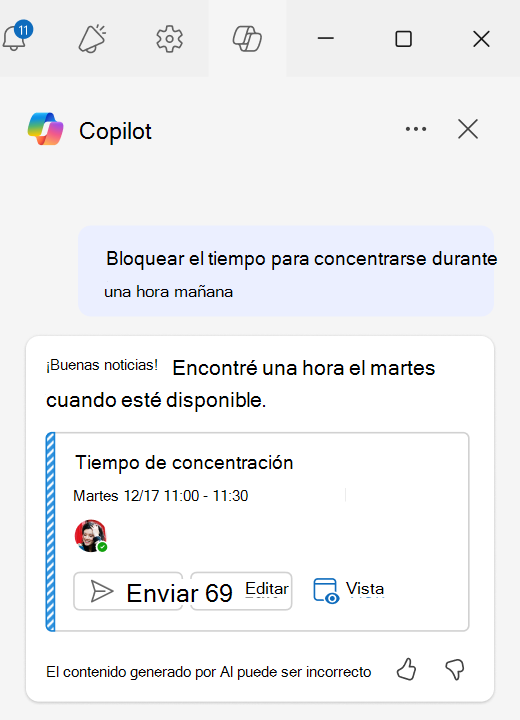 Captura de pantalla de cómo usar bloques de foco con programación asistida por chat en Outlook.