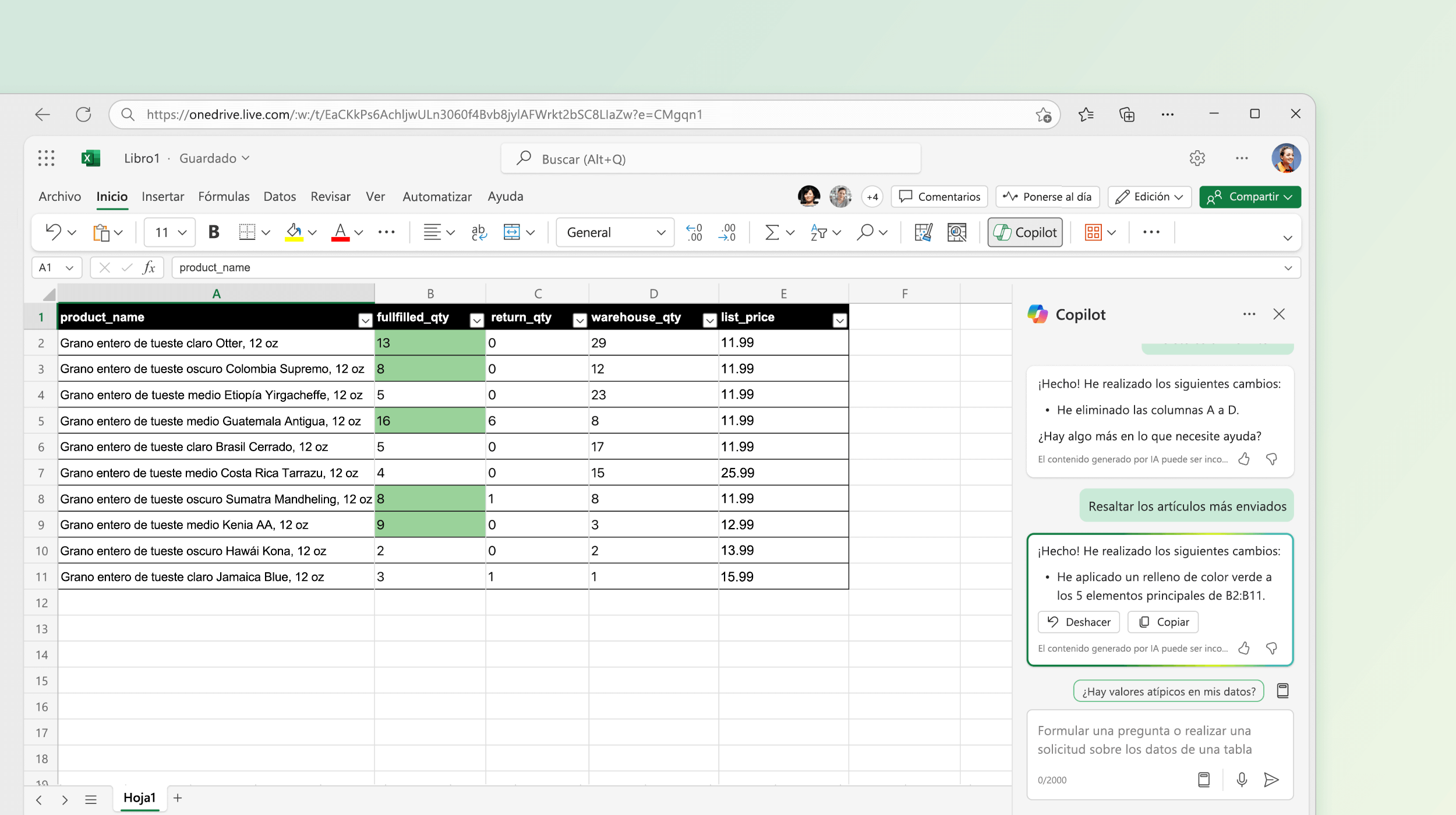 Captura de pantalla que muestra Copilot en Excel realizando cambios en los datos existentes.