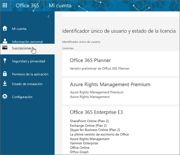 Página Suscripciones de Office 365