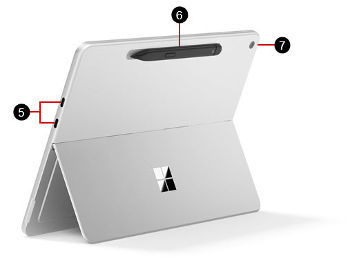 Un Surface Pro de 12 pulgadas con las características de hardware etiquetadas.
