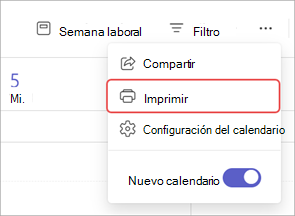 Captura de pantalla que resalta la opción "Imprimir" en un calendario de Teams.