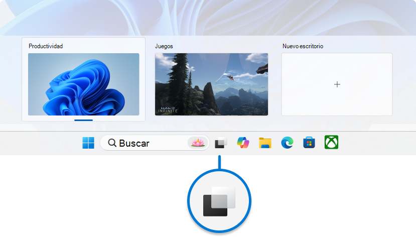 Captura de pantalla de la Windows 11 barra de tareas con énfasis en el botón vista de tareas.