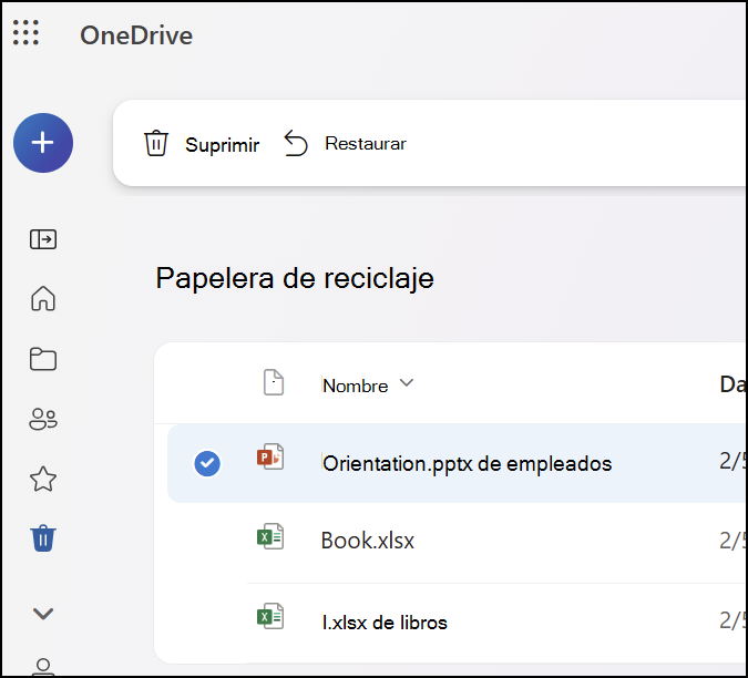 Una captura de pantalla que muestra la pestaña de la Papelera de reciclaje en OneDrive.com.