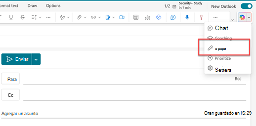 Muestra la página Nuevo correo de Outlook, con un cuadro alrededor del icono de Outlook. El icono es el que está justo encima del correo electrónico vacío.
