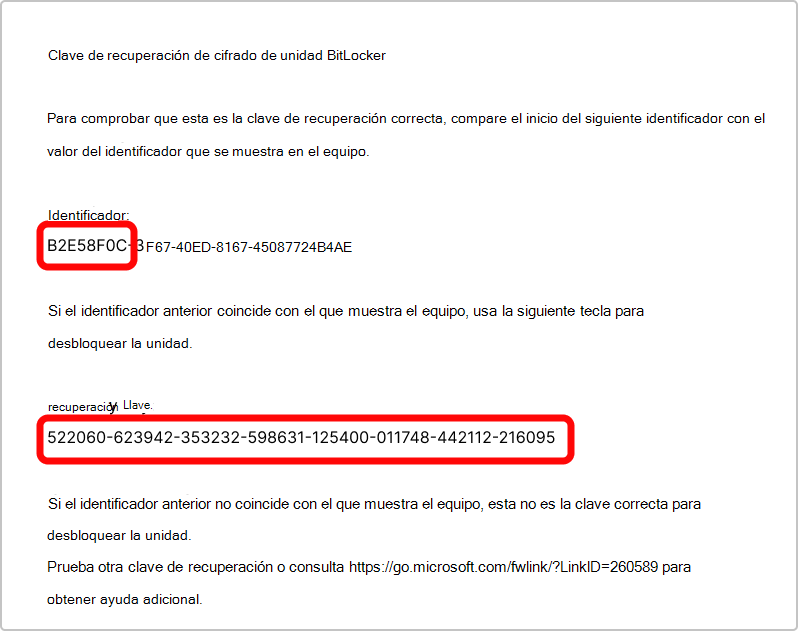 Captura de pantalla de la copia impresa de la clave de recuperación de BitLocker.