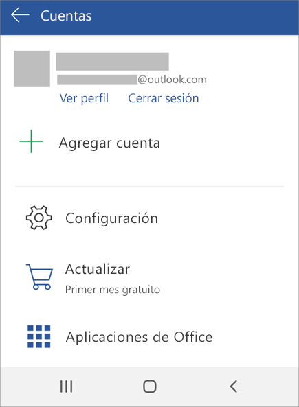 Muestra la opción Cerrar sesión de Office en un dispositivo Android