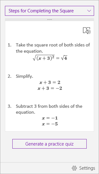 Pasos de la solución en el panel de tareas del Asistente para matemáticas