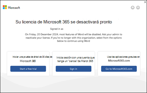 Opciones de error de desactivación de Microsoft 365