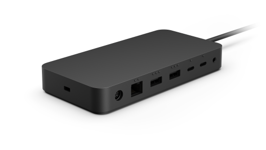 Muestra la parte posterior y lateral de la base Surface Thunderbolt 4, con sus puertos.