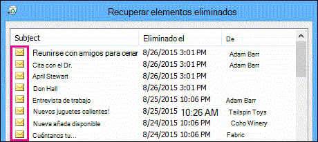 Todos los tipos de elementos tienen el mismo icono en la carpeta Elementos recuperables
