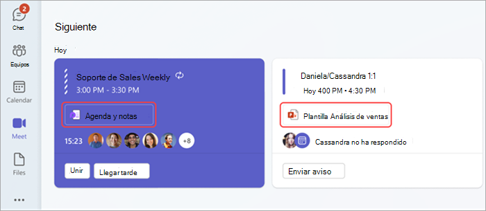 Captura de pantalla de la sección Siguiente en la aplicación Reunirse en Teams