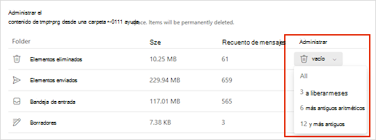 Configuración de almacenamiento para Outlook.com.