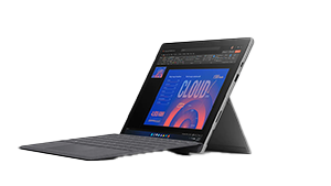 Muestra la Surface Pro 7 + dispositivo abierto y listo para usar.