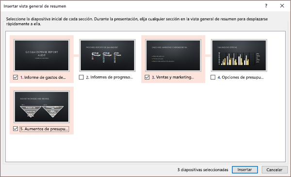 Se muestra el cuadro de diálogo Insertar vista general de resumen en PowerPoint para una presentación sin secciones existentes.