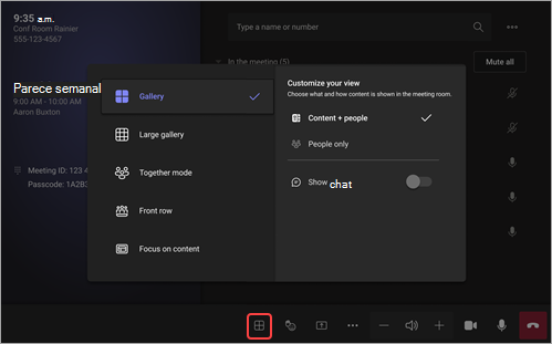 Captura de pantalla que muestra cómo cambiar la vista en Android en Salas de Microsoft Teams