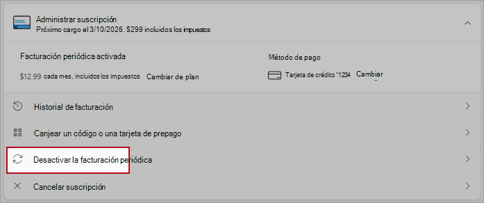Captura de pantalla que resalta la ubicación del botón para desactivar la facturación periódica.