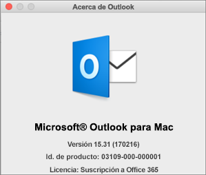 Si ha obtenido Outlook mediante Office 365, en Acerca de Outlook se indica que es una suscripción de Office 365.