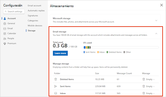 Menú de almacenamiento para Outlook.com.