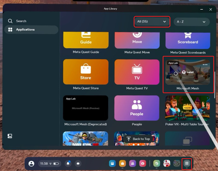 Buscar la aplicación Mesh para descargar desde la biblioteca de aplicaciones quest