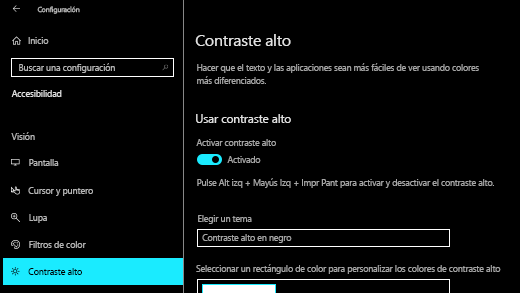 Activa el contraste alto en Windows 10 aplicación Configuración.