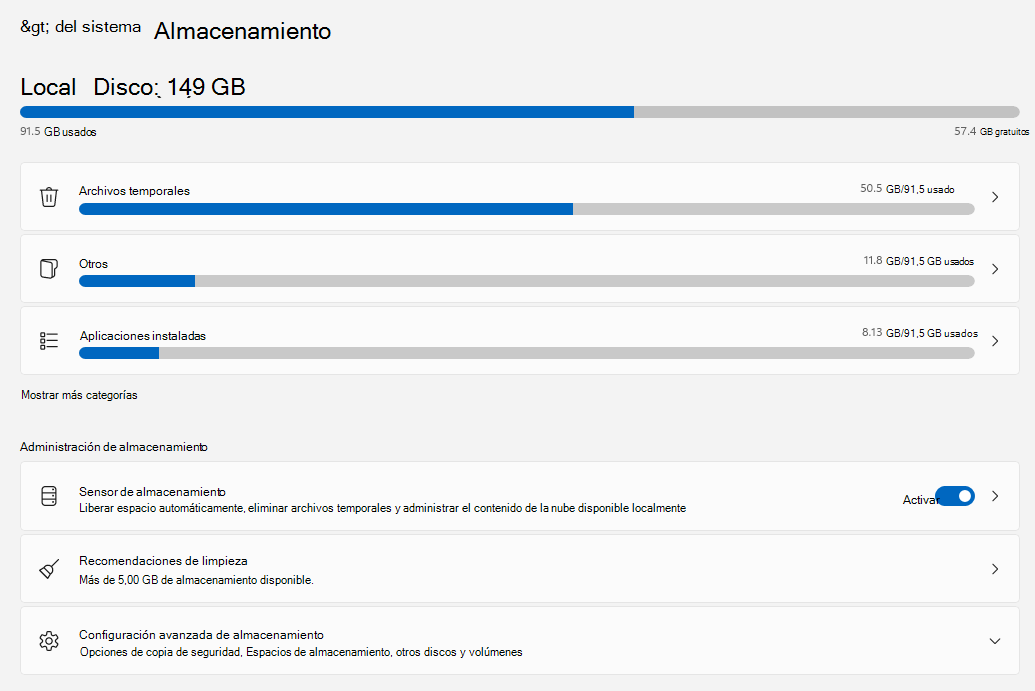 Recorte de pantalla de la configuración de almacenamiento en Windows