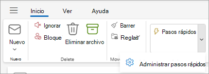 Captura de pantalla de la cinta de opciones de Outlook que muestra la configuración Administrar pasos rápidos