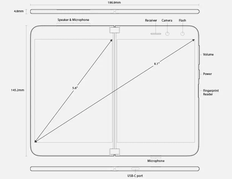 Muestra las dimensiones y características de Surface Duo, con el dispositivo abierto.