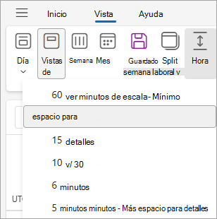 Captura de pantalla que muestra escala de tiempo en la pestaña Vista con 30 minutos seleccionados