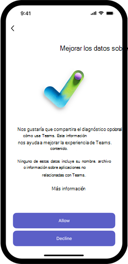 Marca de verificación verde con texto con botones púrpuras para permitir o rechazar datos de diagnóstico