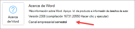 Indicación del Canal semestral para empresas en el área Acerca de Word de la sección Información del producto.