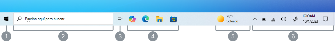 Captura de pantalla de la barra de tareas Windows 10 con una etiqueta para cada sección.